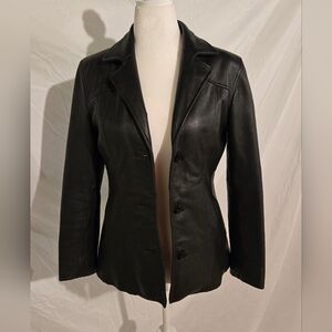Women's Black Leather Button-Front Blazer